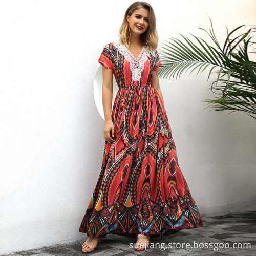 Sexy Woman v-neck Flower Printed maxi Beach Dress